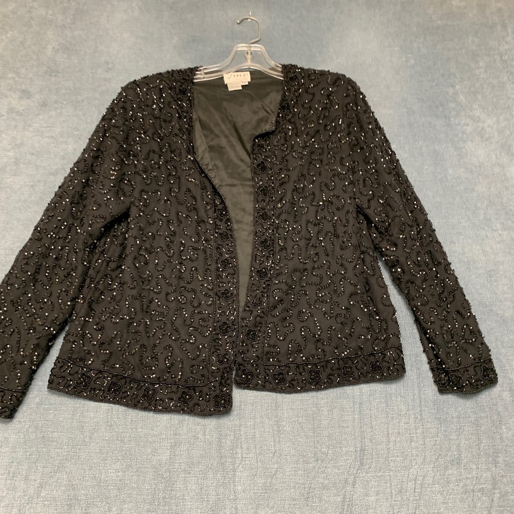 Vintage JMD New York Blazer Jacket Womens Medium Petite Black Sequin Open Front